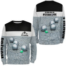 Sweat à capuche zippé pétanque noir blanc humour j'peux pas devant boules sol gravillonné texte manche personnalisé