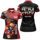 Polo billard rouge et noir femme avec billes en spirale et slogan humour billard, prénom personnalisé