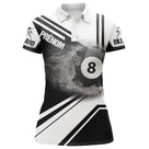 Polo billard noir et blanc femme avec boule de la 8 dans la fumée et rayures contrastées, prénom personnalisé