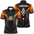 Polo billard noir et orange homme avec triangle de billes colorées du jeu de la 9, prénom personnalisé