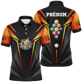 Polo billard noir et orange homme avec triangle de billes colorées du jeu de la 9, prénom personnalisé
