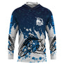 Maillot UV à capuche pêche truite splash bleu marine dynamique tatouage prénom personnalisé, vue de face