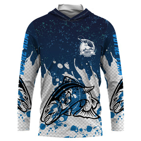 Maillot UV à capuche pêche truite splash bleu marine dynamique tatouage prénom personnalisé, vue de face