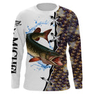 T-shirt anti UV manches longues pêche brochet, gueule béante et écailles violacées, vêtement halieutique pour brocheteur