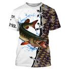 T-shirt manches courtes pêche brochet, design attaque et peau marbrée, accessoire personnalisable pour pêcheur carnassier