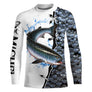 Tee shirt anti UV pêche saumon vue dos, motif silhouette en bond et peau argentée, vêtement technique pour saumonier