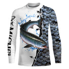 Tee shirt anti UV pêche saumon vue dos, motif silhouette en bond et peau argentée, vêtement technique pour saumonier