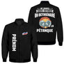 Veste pétanque bomber noir octogénaire message ne jamais sous-estimer illustration boules soleil orange tricolore