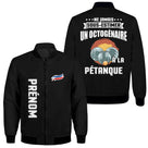 Veste pétanque bomber noir octogénaire message ne jamais sous-estimer illustration boules soleil orange tricolore