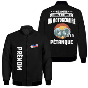 Veste pétanque bomber noir octogénaire message ne jamais sous-estimer illustration boules soleil orange tricolore