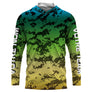 Sweat UV à capuche pêcheur camouflage pixel dégradé bleu vert jaune team prénom personnalisé, vue de face