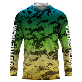 Sweat UV à capuche pêcheur camouflage pixel dégradé bleu vert jaune team prénom personnalisé, vue de face
