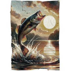 Plaid pêche bar avec illustration peinte d un loup argenté qui saute hors de l eau au coucher de soleil, lac aux reflets
