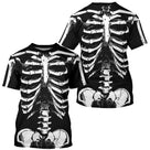 T-shirt costume Halloween squelette noir et blanc all-over avec côtes, colonne et bassin anatomiques