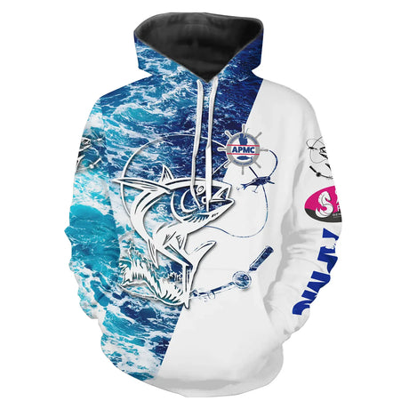 Maillot anti-UV pêche thon bleu blanc vue alternative, design halieutique mer et lettrage APMC