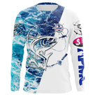 Anti-UV pêche thon APMC bleu, motif vagues et thon réaliste avec slogan humoristique personnalisé