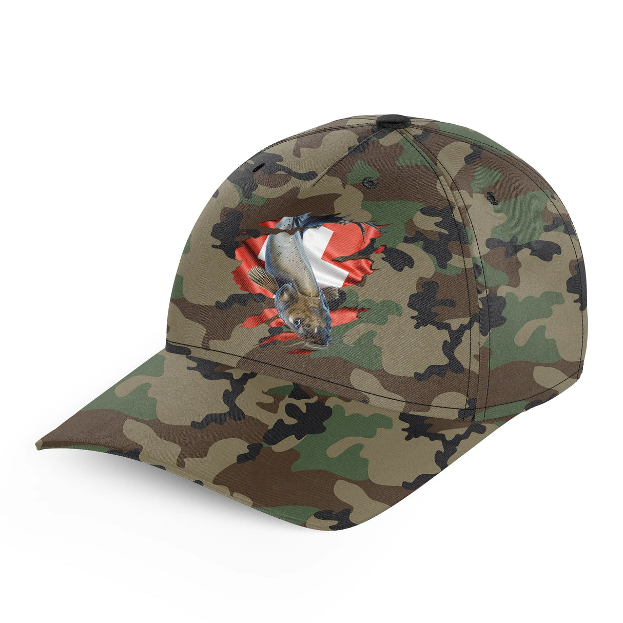 Casquette pêche silure camouflage militaire vert kaki drapeau Suisse silure helvète unisexe