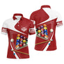 Polo billard rouge bordeaux homme avec triangle de billes colorées du jeu 14/1 et queues croisées, prénom personnalisé