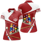 Polo billard rouge bordeaux femme avec billes du 14/1 et queues de billard, prénom personnalisé