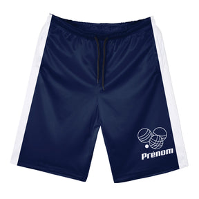 Short pétanque bleu marine et blanc homme avec motif boules pétanque, prénom personnalisé