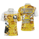 Polo pétanque jaune doré et blanc texture bière verres pression silhouette joueur message ne me dérangez pas apéro