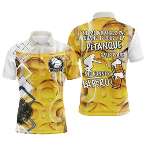 Polo pétanque jaune doré et blanc texture bière verres pression silhouette joueur message ne me dérangez pas apéro