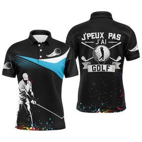 Polo de golf personnalisé homme noir avec accent bleu ciel silhouette golfeur et lettrage J'peux Pas J'ai Golf