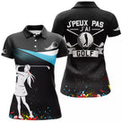 Polo de golf femme noir bleu ciel silhouette golfeuse lettrage humoristique coupe ajustée féminine