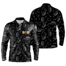 Polo de golf manches longues unisexe noir sacs de clubs all-over lettrage orange parcours frais