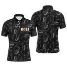 Polo de golf personnalisé homme noir avec sacs de clubs imprimés all-over et lettrage GOLF orange