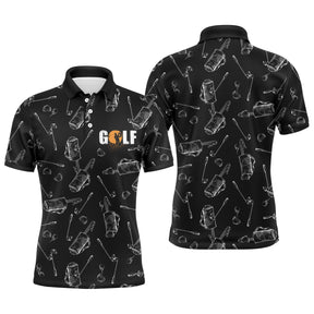 Polo de golf personnalisé homme noir avec sacs de clubs imprimés all-over et lettrage GOLF orange
