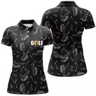 Polo de golf femme noir sacs de clubs all-over lettrage GOLF orange coupe ajustée féminine