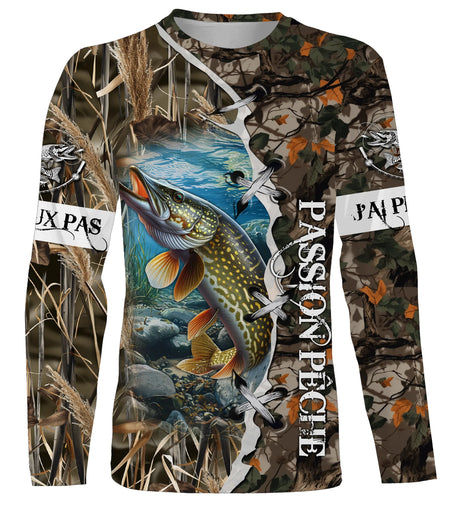 T-shirt manches longues pêche brochet camouflage roseau lettrage Je peux pas Passion Pêche