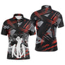 Polo golf noir et rouge homme avec silhouettes de golfers en action et motifs géométriques