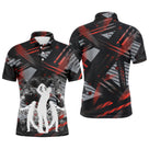 Polo golf noir et rouge homme avec silhouettes de golfers en action et motifs géométriques