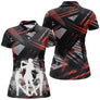 Polo golf noir et rouge femme avec figures de golfeurs et design dynamique