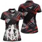 Polo golf noir et rouge femme avec figures de golfeurs et design dynamique