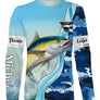 T-shirt manches longues pêche thon camouflage marin, prénom brodé manche, vêtement halieutique unisexe