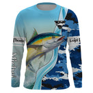 T-shirt anti UV manches longues pêche thon camouflage marin, design bicolore blanc et bleu, vêtement halieutique