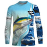 Tee shirt anti UV pêche thon vue dos, manche camouflage marin et illustration thon, vêtement technique pêcheur en mer