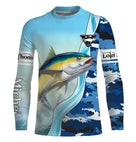 Tee shirt anti UV pêche thon vue dos, manche camouflage marin et illustration thon, vêtement technique pêcheur en mer
