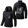Veste imperméable coupe-vent pêche noire avec capuche, illustration bar argenté et écusson pêcheur, prénom personnalisé