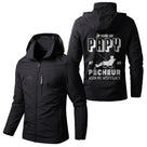 Veste imperméable pêche vert militaire à capuche, slogan Je suis un papy pêcheur rien ne m'effraye, prénom personnalisé