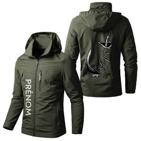 Veste pêche vert militaire à capuche, hameçon de pêche et crochet de poisson 3D, prénom personnalisé