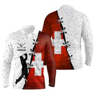 Polo de golf manches longues unisexe blanc rouge drapeau suisse silhouette golfeur parcours frais