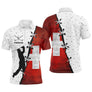 Polo de golf personnalisé homme bicolore blanc rouge avec drapeau suisse central et silhouette golfeur en swing
