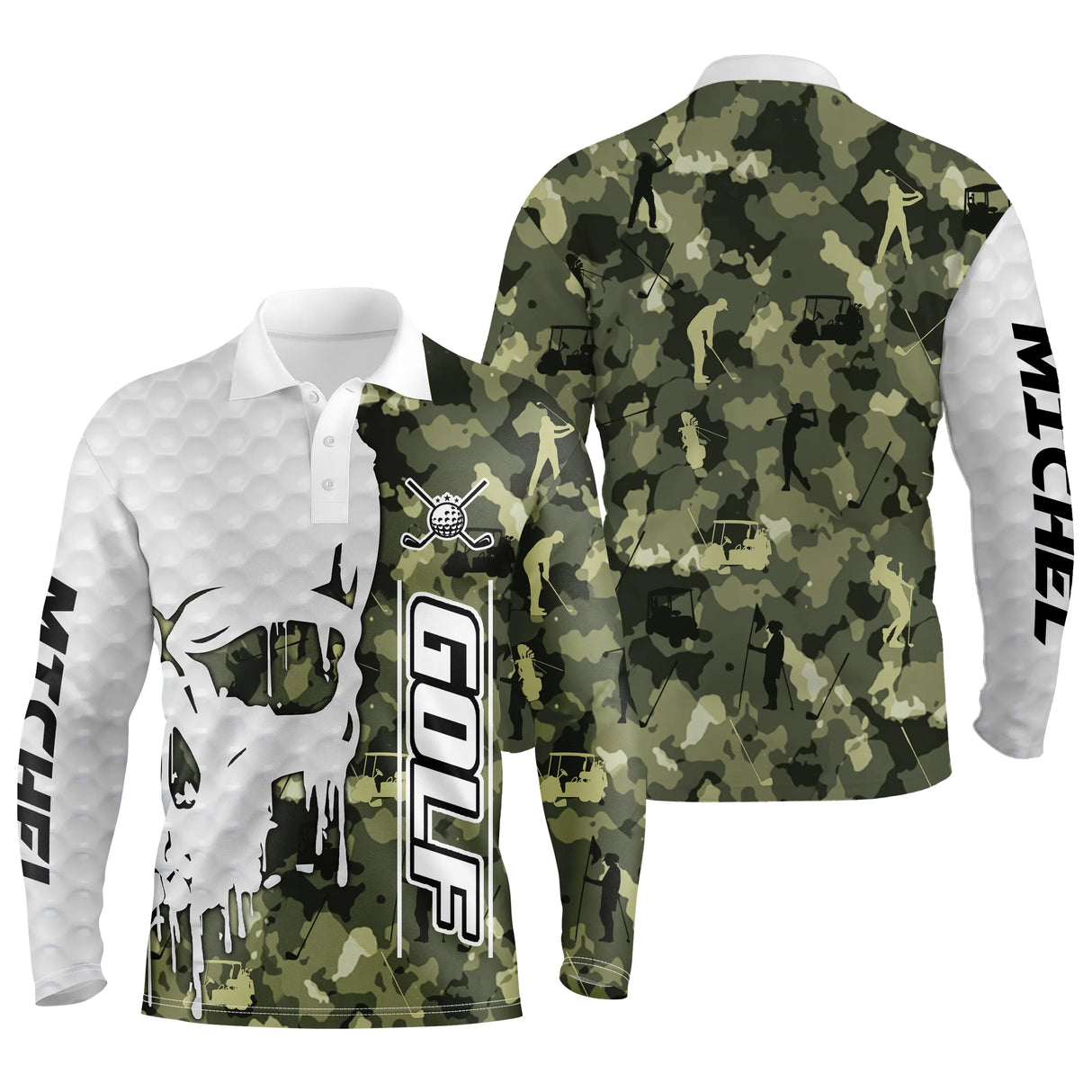 Polo de golf manches longues unisexe camouflage vert kaki et blanc crâne clubs lettrage GOLF parcours frais