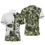 Polo de golf personnalisé homme camouflage vert kaki et blanc avec crâne, clubs croisés et lettrage GOLF