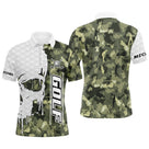 Polo de golf personnalisé homme camouflage vert kaki et blanc avec crâne, clubs croisés et lettrage GOLF