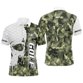 Polo de golf personnalisé homme camouflage vert kaki et blanc avec crâne, clubs croisés et lettrage GOLF